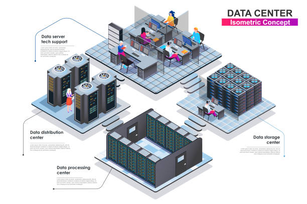 Data center interior isometric concept. Scenes of people characters working in departments: server tech support, storage, distribution or processing centers. Vector flat illustration Data center interior isometric concept. Scenes of people characters working in departments: server tech support, storage, distribution or processing centers. Vector flat illustration in 3d design isometric projection stock illustrations