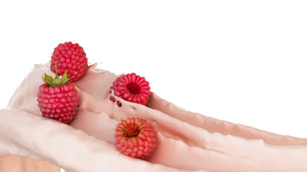 Raspberries float in a stream of yogurt Presentation of dairy products flavored 3d render on white
