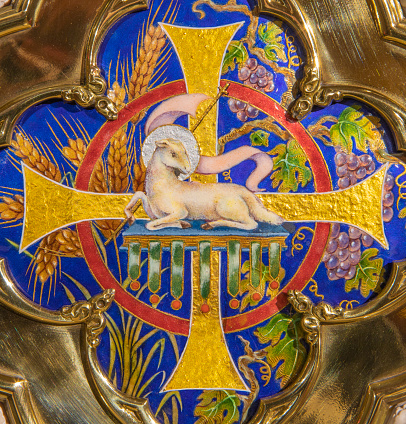 Barcelona -The modern enameled Lamb of God on the tabernacle in the church Parroquia de la Mare de Deu de Nuria by unknown artist.