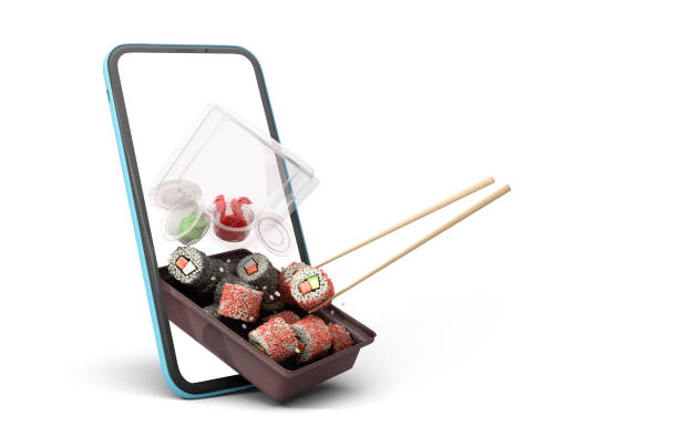 il concetto di food delivery mostra i rotoli di presentazione del prodotto impostati volare fuori dal rendering 3d della scatola di consegna nera su bianco - japanese cuisine temaki sashimi sushi foto e immagini stock