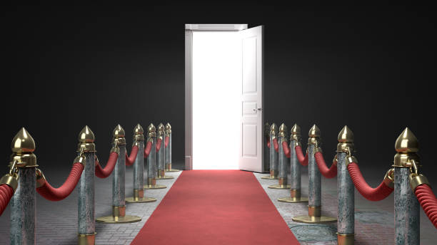 path to fame concept red carpet leading to the open door 3d render on darck background - star shape hollywood california gold three dimensional shape imagens e fotografias de stock