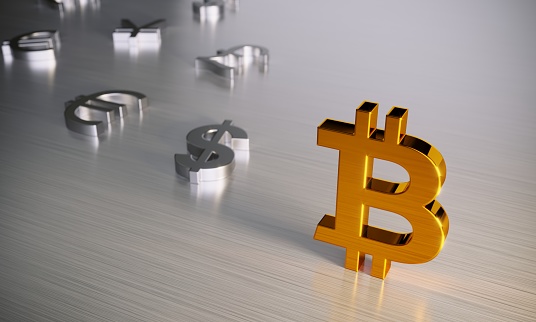Fallen Currency Symbols with a standing golden bitcoin symbol. ( 3d render )