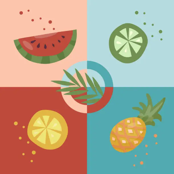 Vector illustration of Fresh fruit slices. Vector elements of watermelon, orange, lime and pineapple. vegan food. Flat design style on four multicolor banners