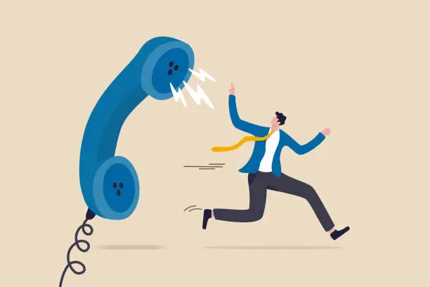 Vector illustration of Customer complaint, dissatisfaction from product or service problem, angry feedback from client concept, businessman product owner running away from furious complain telephone from customer or client.