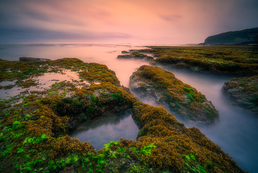 Long exposure sunrise on the moss in Phu Yen beach, central coastal Vietnam