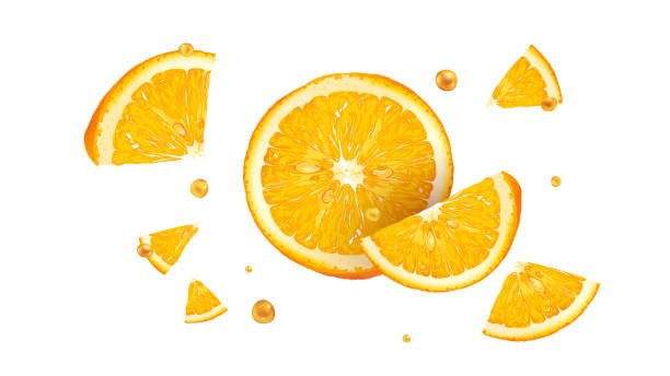 illustrazioni stock, clip art, cartoni animati e icone di tendenza di fette di arancia fresca con gocce di succo in volo. - exploding juicy liquid energy