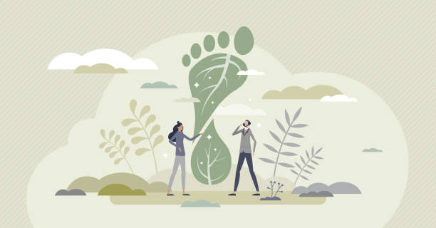 ilustrações, clipart, desenhos animados e ícones de efeito pegada de carbono e problema de emissão de co2 reduzem conceito de pessoa minúscula - environmental footprint