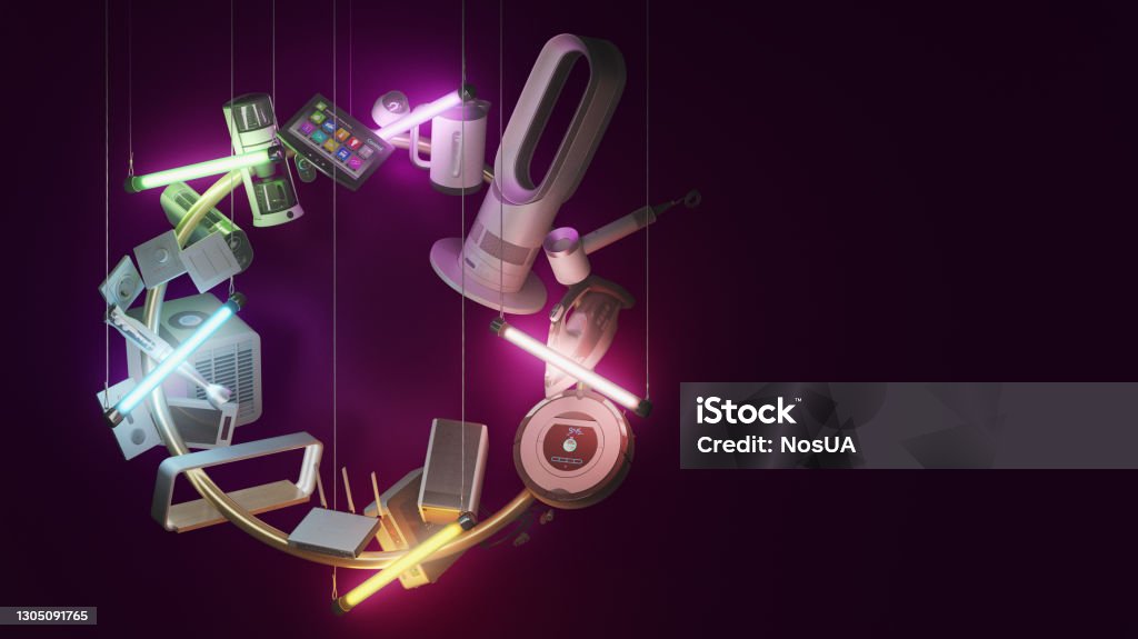 small consumer electronics presentation background in dark style equipment hangs on cables and is illuminated with tampons of different colors 3d render image Retail Stock Photo