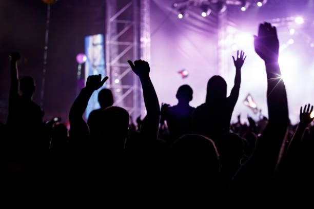 istock Raised hands in honor of a musical show on stage 1305092223