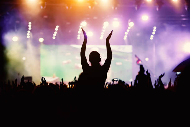 istock Raised hands in honor of a musical show on stage 1305092224