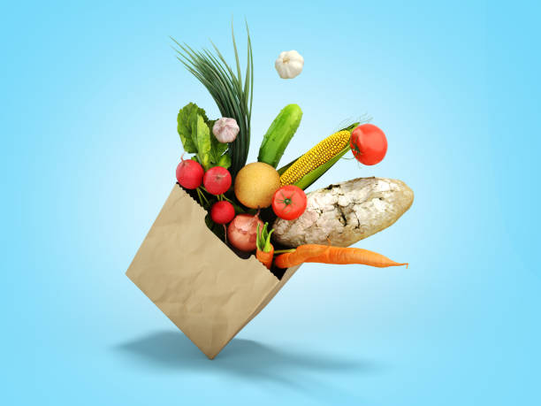 istock fresh food in a paper bag for products 3d render on blue gradient 1305092394