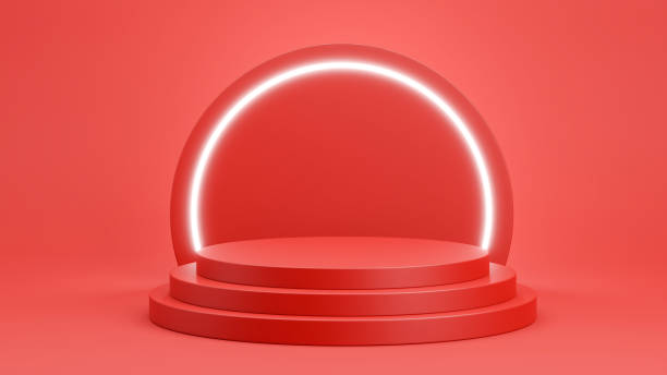 istock 3d render of red podium with light neon for product display 1305093130