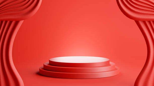 istock 3d render of red podium with Curtain for product display 1305093132