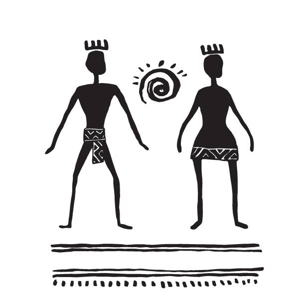 록 아트. 선사 시대 사람들. 남자와 여자. 잉크 드로잉 스케치입니다. 벡터 그림입니다. - indigenous culture illustrations stock illustrations