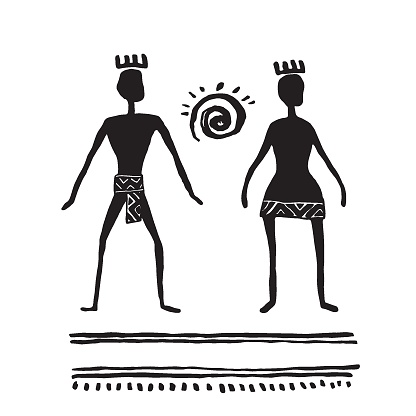 Rock art. Prehistoric people. Man and woman. Ink drawing sketch. Vector illustration.