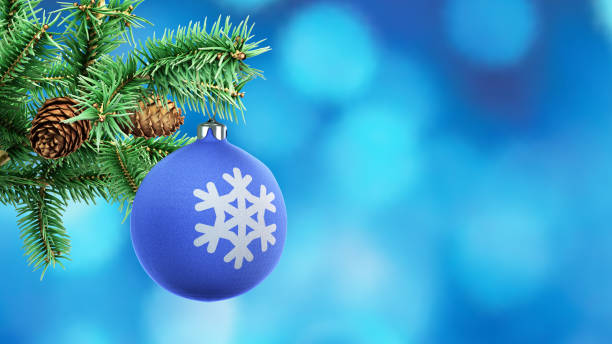 istock Christmas blue toy on a spruce branch  3d render illustration 1305093489