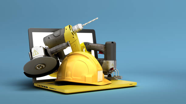 istock online calculation of construction costs building supplies fly out from laptop with a blank screen 3d render on blue 1305093607