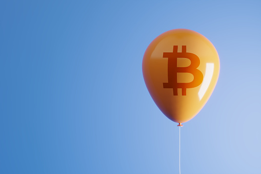 Flying Bitcoin Balloon. ( 3d render )