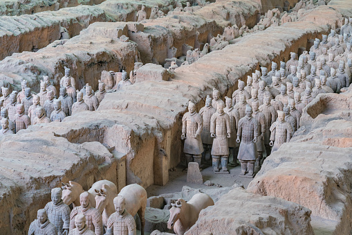 Xian, China - Feb 9, 2020 : The Terracotta Army warriors at the Mausoleum of sculptures depicting the armies of Qin Shi Huang, the first Emperor of China