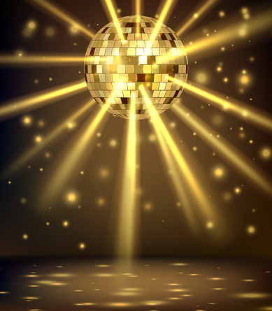 Night party background. Disco ball with reflected squares and triangles surfaces nightclub party invitation placard decent vector realistic poster. Illustration disco party sphere, shiny ball