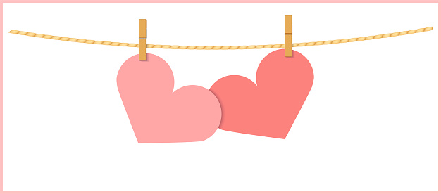 Two heart shape pink papers hanging with clothespin on string. Vector note illustration with copy space on white background. Valentines day greeting card or invitation design.