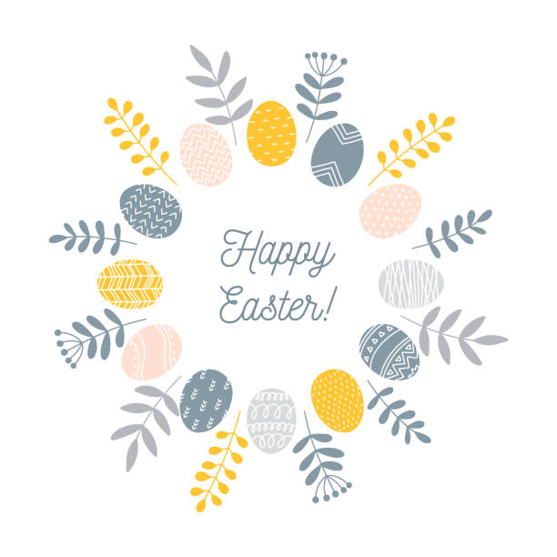 Round Easter wreath with painted eggs and floral branches and leaves, minimalist Scandinavian nordic folk style, vector illustration isolated Round Easter wreath with painted eggs and floral branches and leaves, minimalist Scandinavian nordic folk style, vector illustration isolated. bedroom borders stock illustrations
