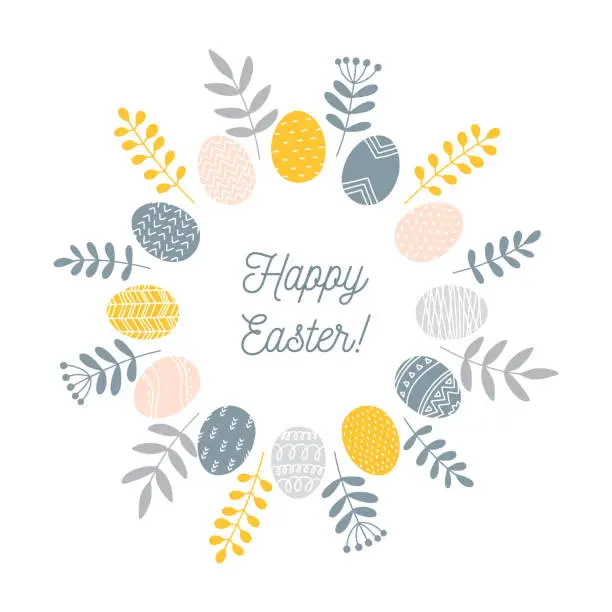 Vector illustration of Round Easter wreath with painted eggs and floral branches and leaves, minimalist Scandinavian nordic folk style, vector illustration isolated