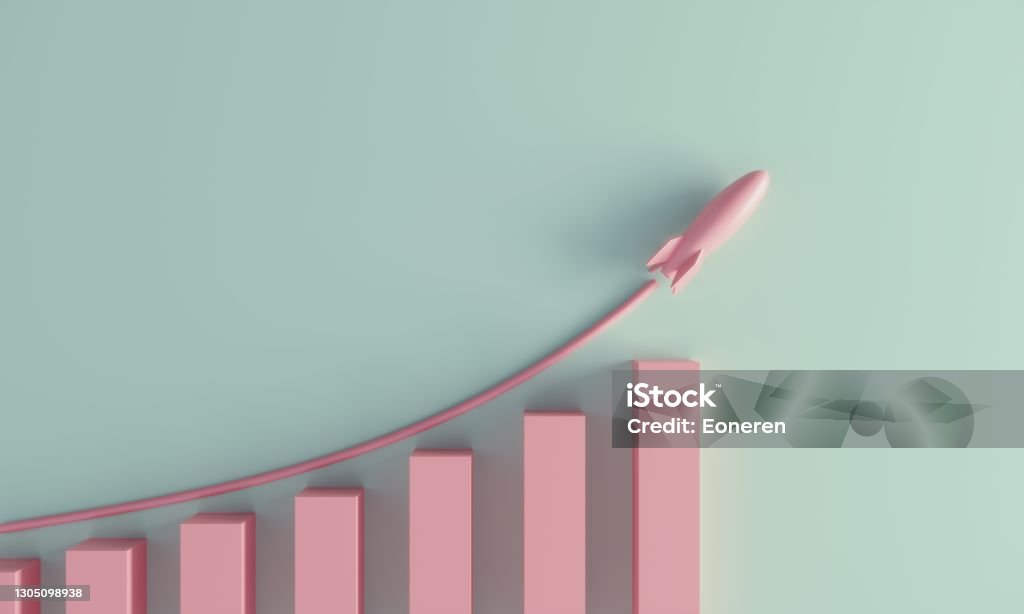 Growing Graph A pastel colored growing graph with rising rocket. (3d render) Growth Stock Photo