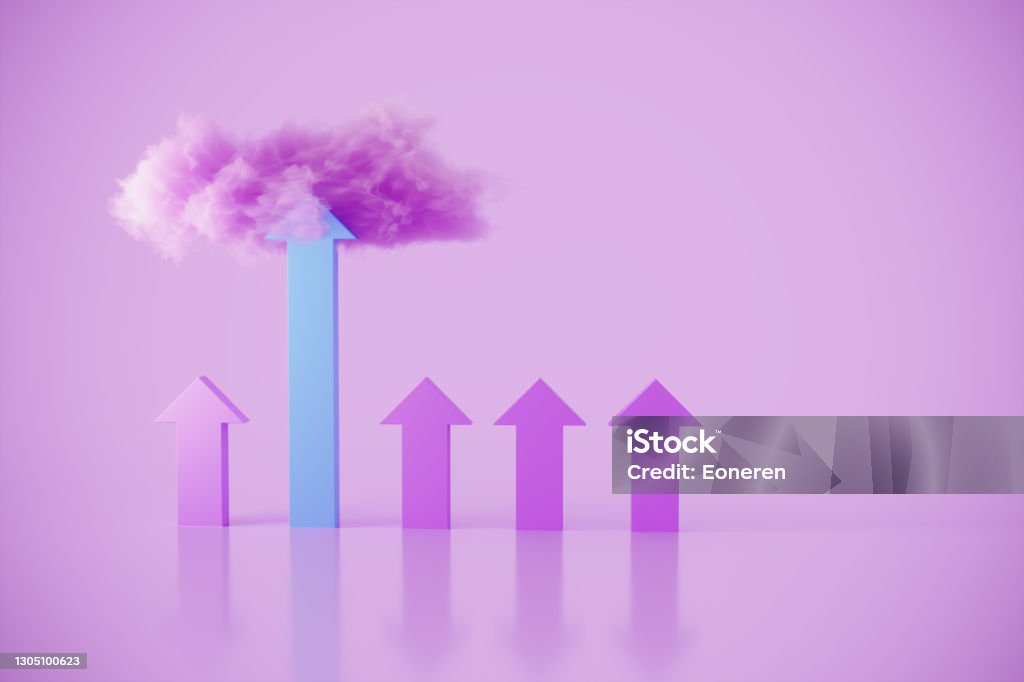 Success - Financial Growth Concept A blue arrows moving up to the clouds between the other arrows, symbolizing financial growth, success concepts. (3d render) Improvement Stock Photo