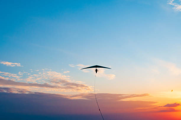 Hang glider wing on the sunset. Hang glider wing on the sunset. Aerial photo of extreme sport hang glider stock pictures, royalty-free photos & images