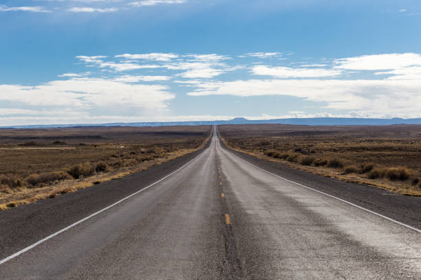 istock Empty two lane highway cutting through open desert in rural New Mexico on clear day 1305104458