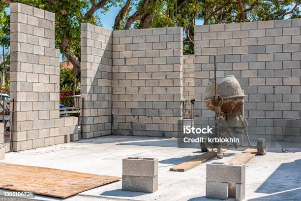 Portable Mobile Small Cement Mixer At Construction Building Site For Residential Home House Walls Outdoors In Florida Keys City Stock Photo - Download Image Now