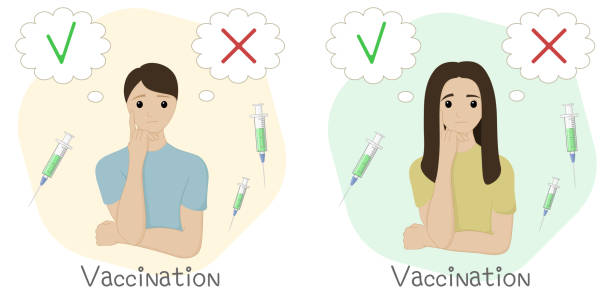 istock Vector illustration with a man and a woman who make a choice whether to get vaccinated in a flat style 1305111381