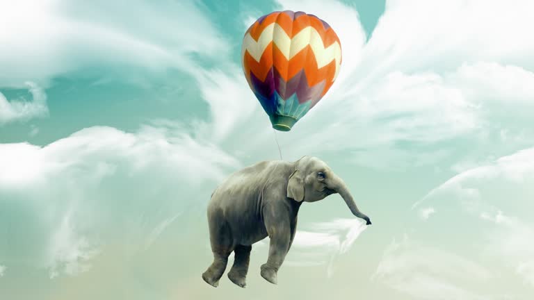 Huge Elephant floating or flying with air balloon with sky and clouds background. Fantastic surreal fantasy phantasmagoric illustration. Freedom concept. Dream. Surrealism. Animation