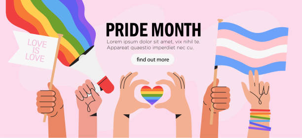 menschen halten megaphon und flaggen mit lgbt regenbogen und transgender-flagge während stolz monat feier gegen gewalt, deskrimination, menschenrechtsverletzungen. gleichheit und selbstbejahung. - pride stock-grafiken, -clipart, -cartoons und -symbole