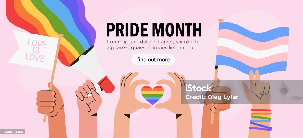 People hold megaphone and flags with lgbt rainbow and transgender flag during pride month celebration against violence, descrimination, human rights violation. Equality and self-affirmarmation. LGBTQIA Pride Event stock vector