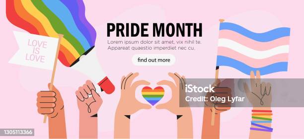 People Hold Megaphone And Flags With Lgbt Rainbow And Transgender Flag During Pride Month Celebration Against Violence Descrimination Human Rights Violation Equality And Selfaffirmarmation Stock Illustration - Download Image Now