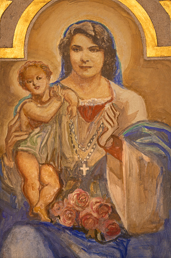 Barcelona - The modern fresco of Madonna in the church Parroquia Santa Teresa de l'Infant Jesus by Francisco Labarta.