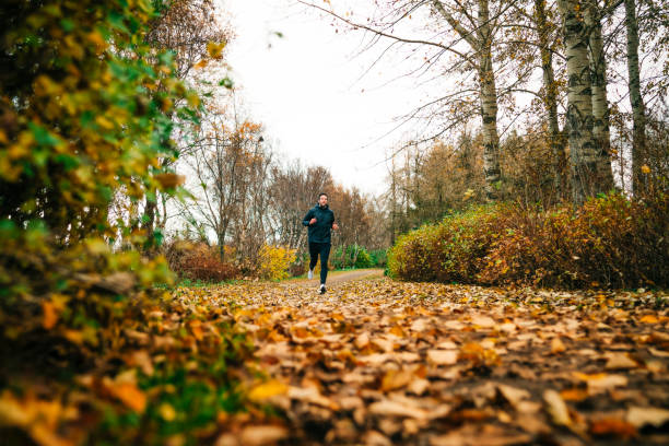 istock Man running in the park in autumn leaves 1305118052