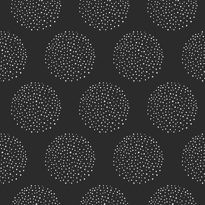 monochrome white circles stipple brush dot art on black, seamless pattern for texture, wallpaper, banner, label, card, cover, wrapping paper, background etc. vector design