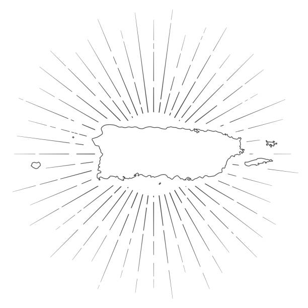 Puerto Rico map with sunbeams on white background Map of Puerto Rico created with a thin black outline and  light rays. Trendy and modern illustraion isolated on a blank background. Vector Illustration (EPS10, well layered and grouped). Easy to edit, manipulate, resize or colorize. puerto rico stock illustrations