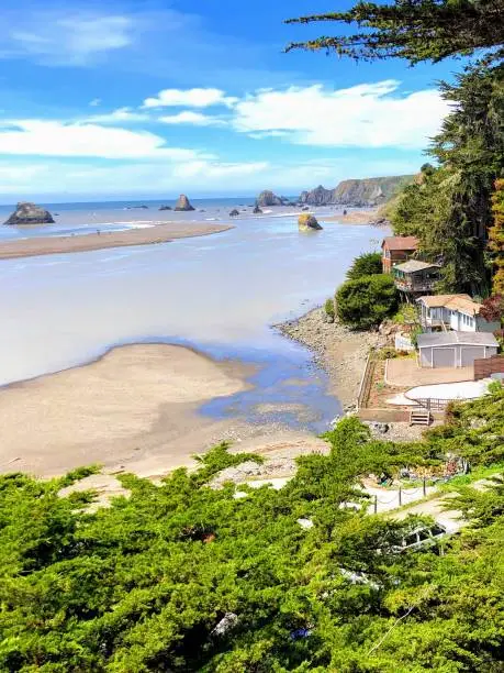View of the mouth of the Russian River in Jenner located in Sonoma County, California.