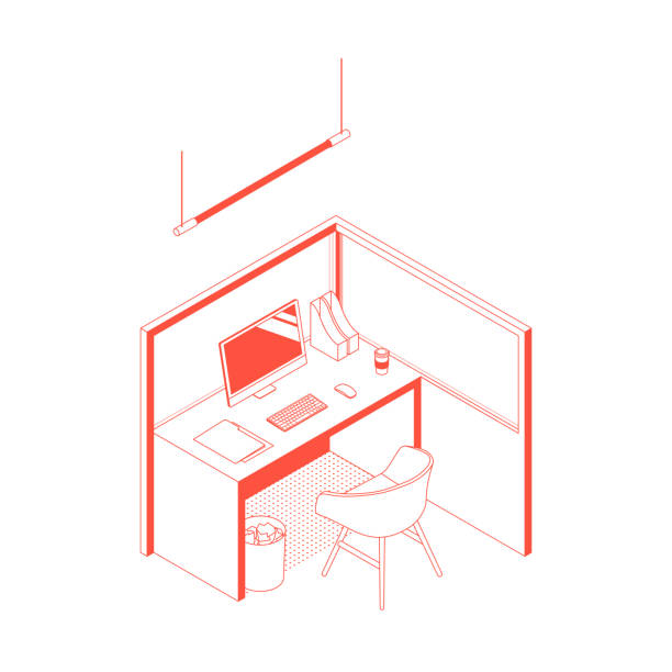 bàn khối văn phòng isometric, minh họa vector theo phong cách nghệ thuật đường thẳng. - office cubicle hình minh họa sẵn có