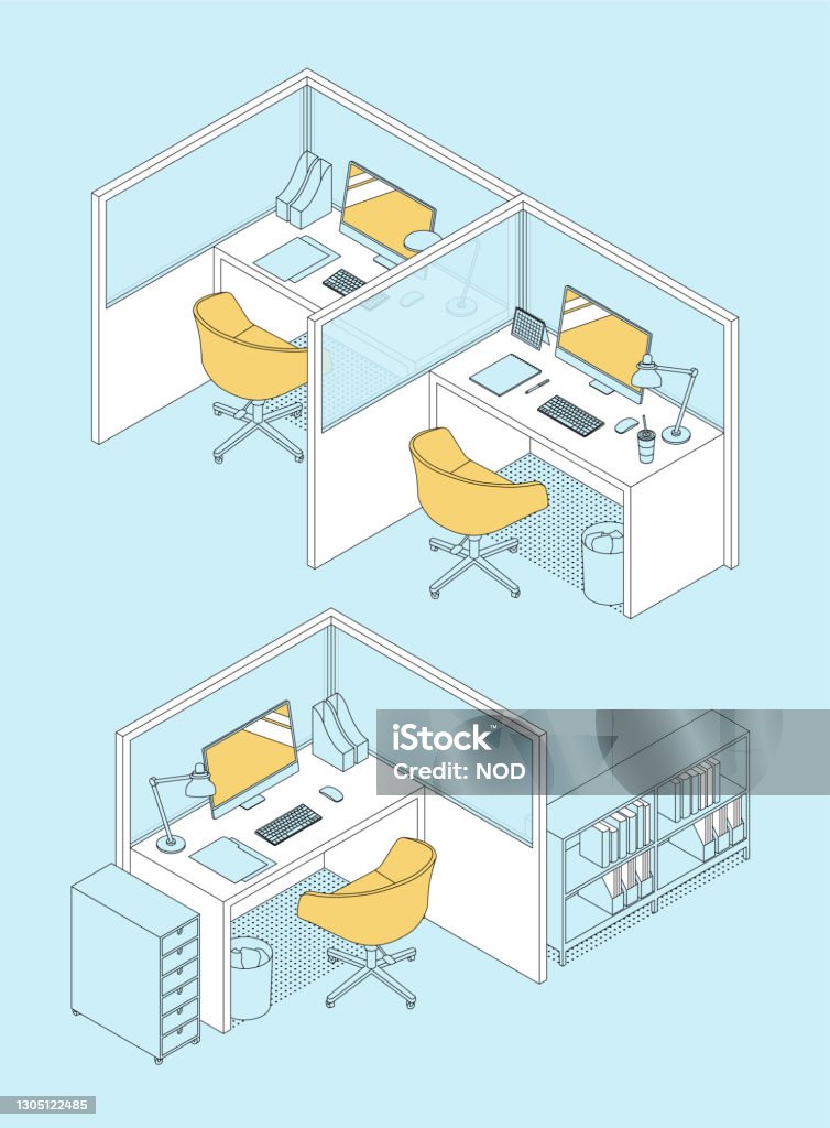 Isometric Office Interior Vector Illustration Line Art Stock ...