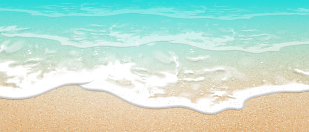 Summer background. Transparent sea wave.  3D vector. High detailed realistic illustration. Summer landscape. A transparent wave runs over the sandy shore.  3D vector. High detailed realistic illustration. spume stock illustrations