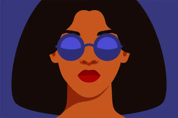 Vector illustration of Young African American woman with black hair in blue sunglasses with reflection. Black strong girl on a blue background
