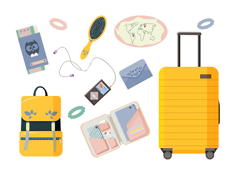 Tourist items isolated on white background. Suitcase on wheels, backpack, wallet, player, headphones, passport with plane tickets, organizer with tablet, phone, comb and hair bands