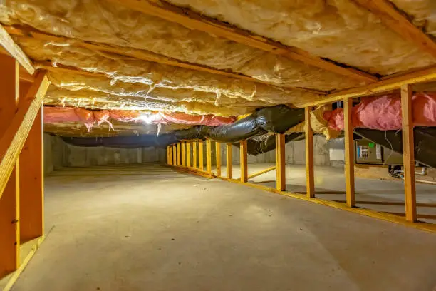 Basement or crawl space with upper floor insulation and wooden support beams. An area of limited height under the floor of a house with concrete wall and floor.