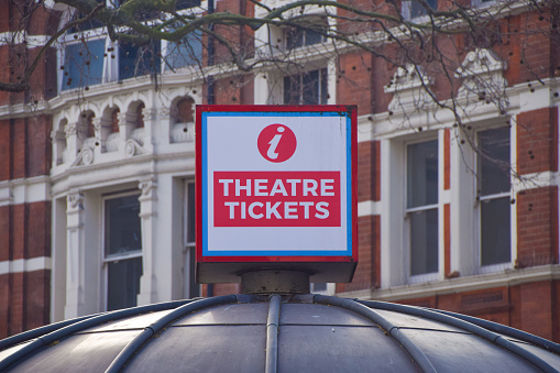 London, United Kingdom - March 2 2021: detail of a theatre tickets sign in West End.
