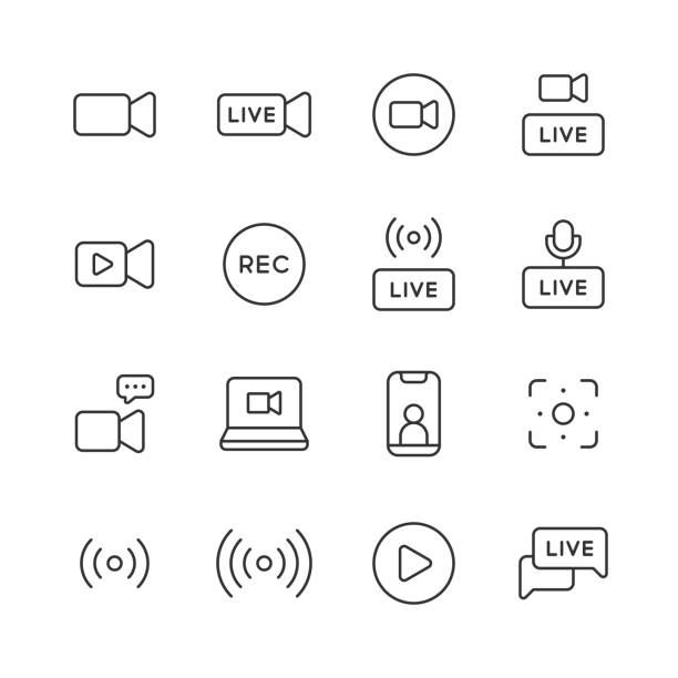 Live Streaming Line Icons. Editable Stroke. Pixel Perfect. For Mobile and Web. Contains such icons as Live, Web Streaming, Video Streaming, Broadcasting, Podcast, Television, Sport, Device Screen, Film and Movie, Social Media, Influencer, Device Screen. 16 Live Streaming Outline Icons. Live, Web Streaming, Video Streaming, Broadcasting, Podcast, Television, Sport, Device Screen, Film and Movie, Social Media, Influencer, Device Screen, Recording, Watching. reportage stock illustrations